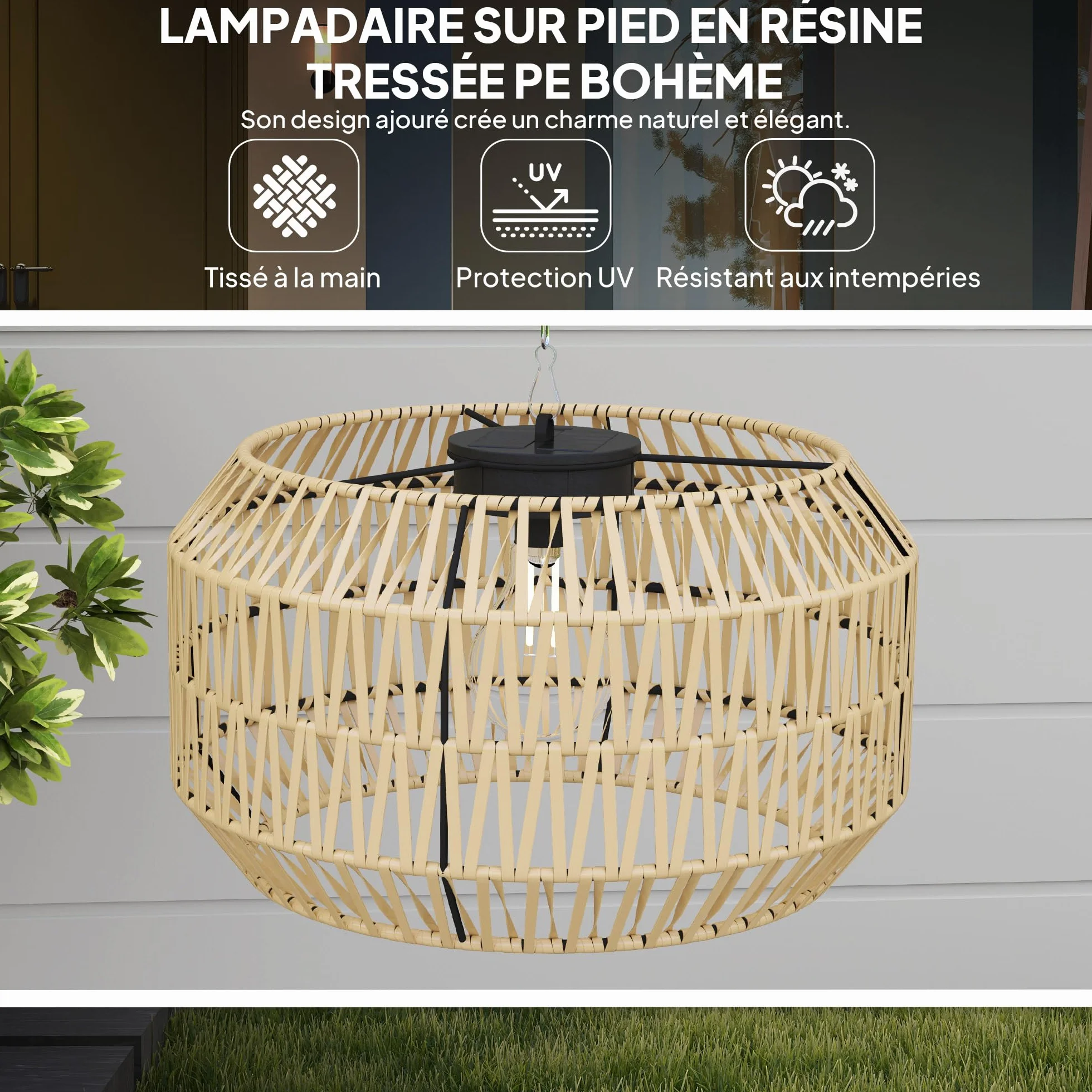 Lampadaire solaire extérieur Outsunny 178 cm résine tressée IP44 jaune