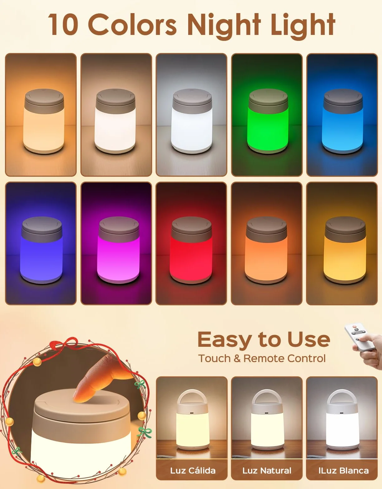 One Fire Veilleuse Enfant 10 Couleurs 8 Niveaux Luminosité Tactile Télécommande Rechargeable Sans Fil Lampe Chevet Chambre Camping