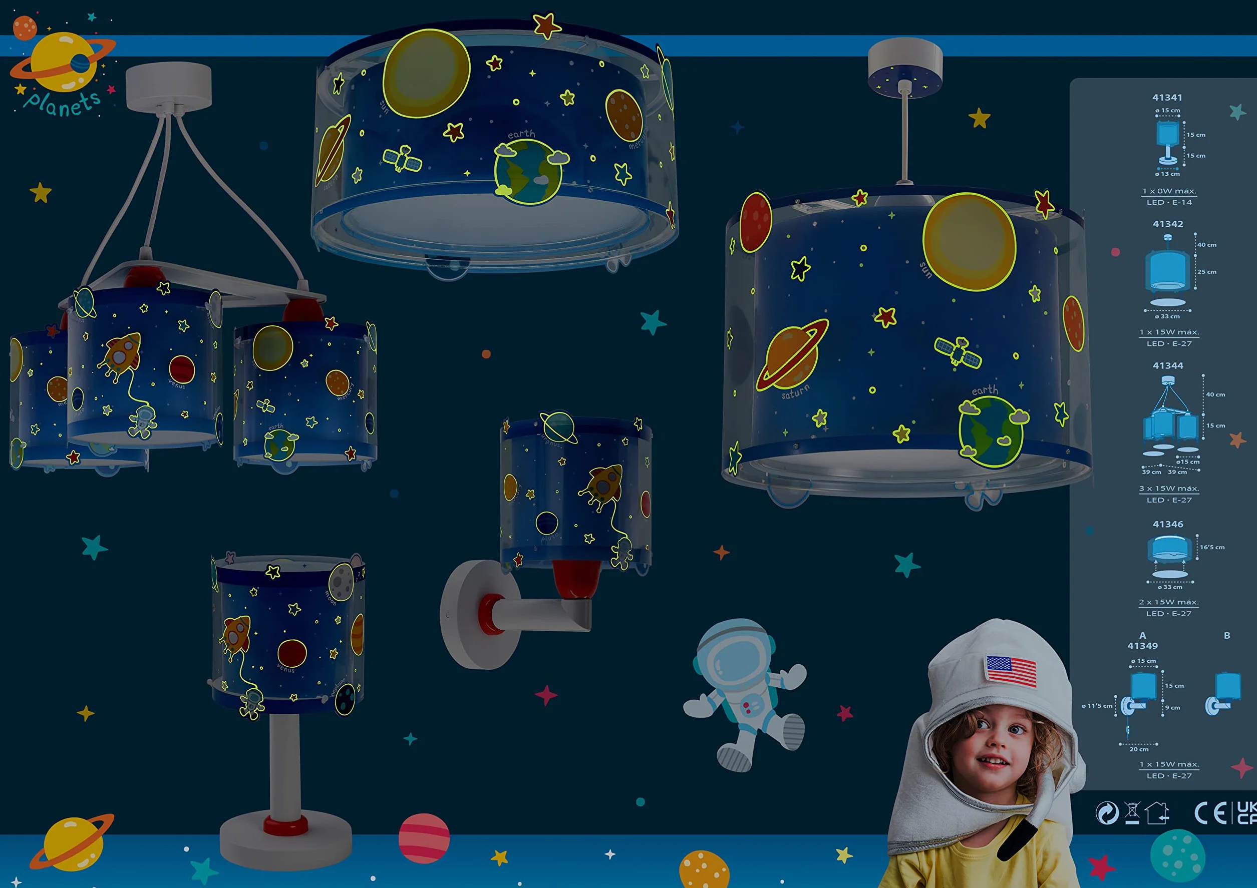 Dalber lampe suspension enfant Planets planètes système solaire Bleu