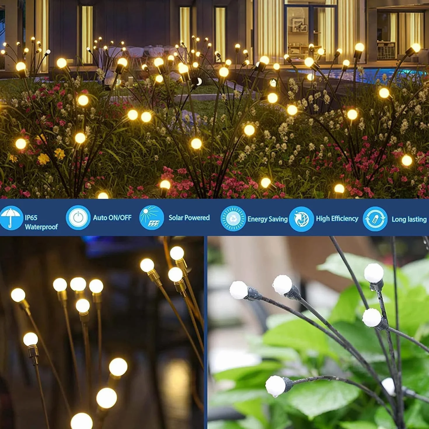 Lampe Solaire Extérieur Jardin 4 Pièces 10 LED Luciole Étanche IP65 Blanc Chaud