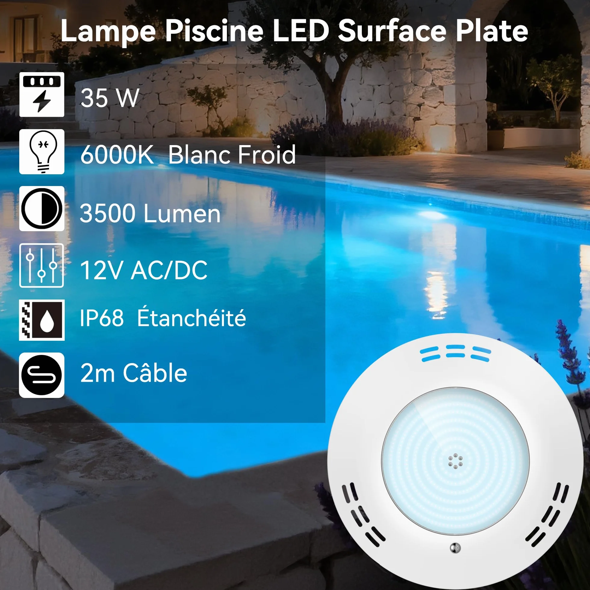 LyLmLe Projecteur Piscine LED 35W 3500lm 6000K IP68 12V AC/DC Montage en Surface