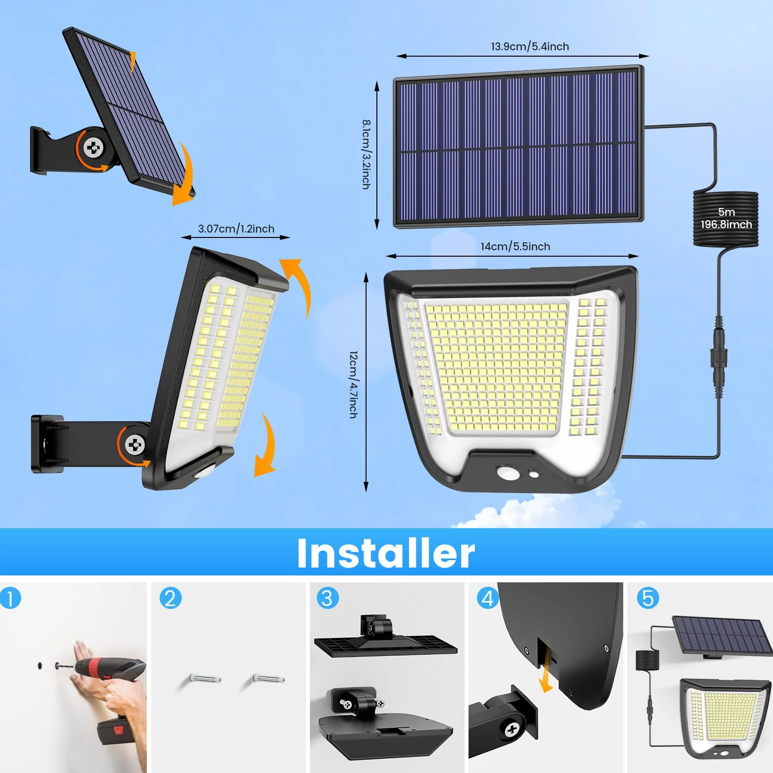 Solaire Extérieur Mouvement Détecteur Lampe 288 LED IP65 Étanche avec Câble 5M