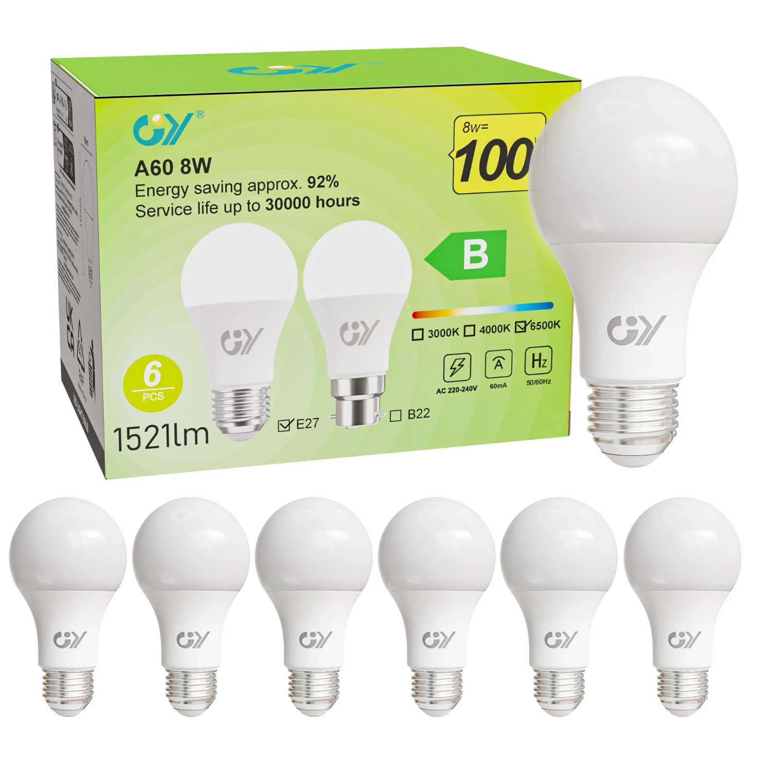 Ampoule LED E27 A60 8W 1521lm 6500K Blanc Froid Non-Dimmable Lot de 6