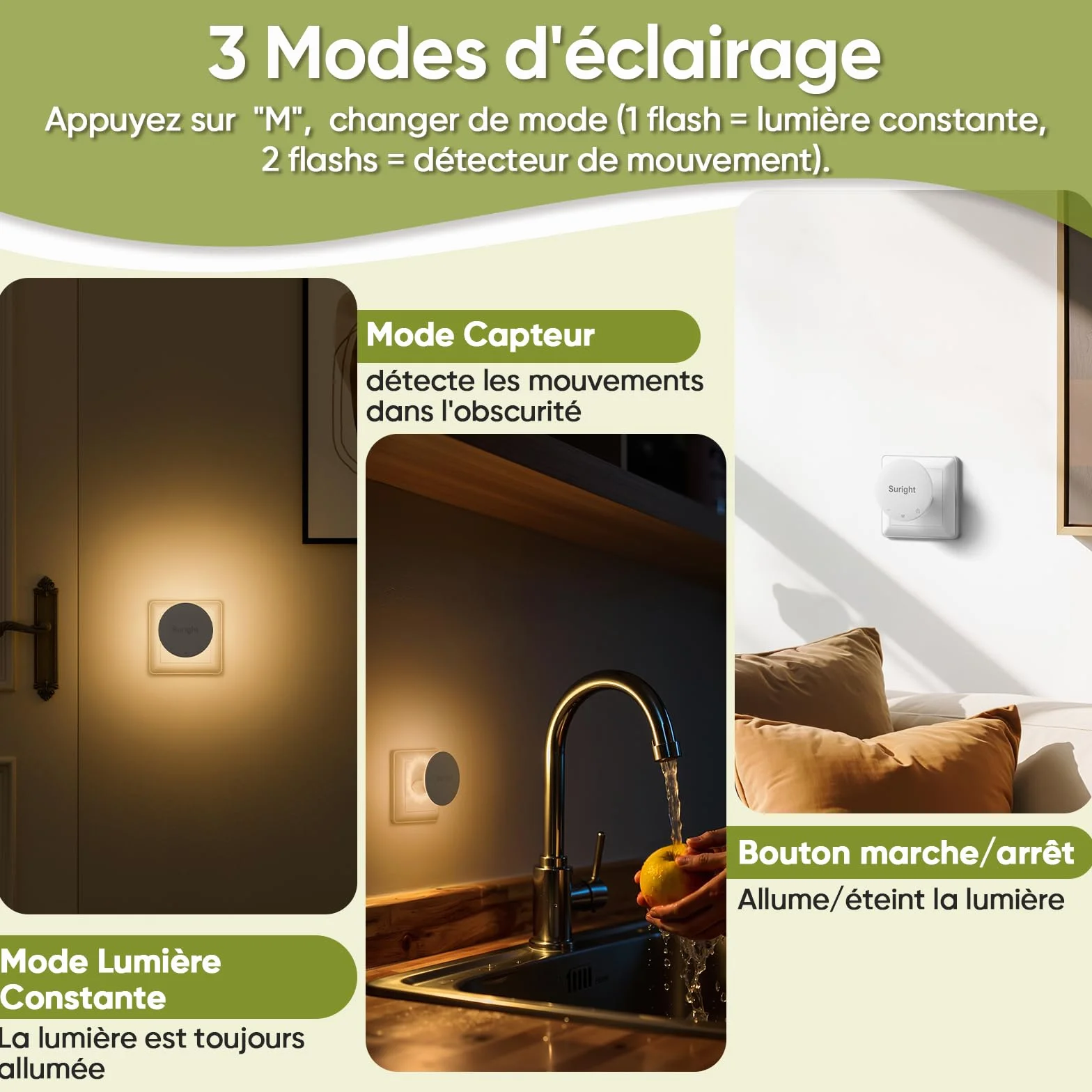 Veilleuses Prise avec Détecteur de Mouvement, Luminosité Réglable 3 Modes, Blanche Chaude, Lot de 2