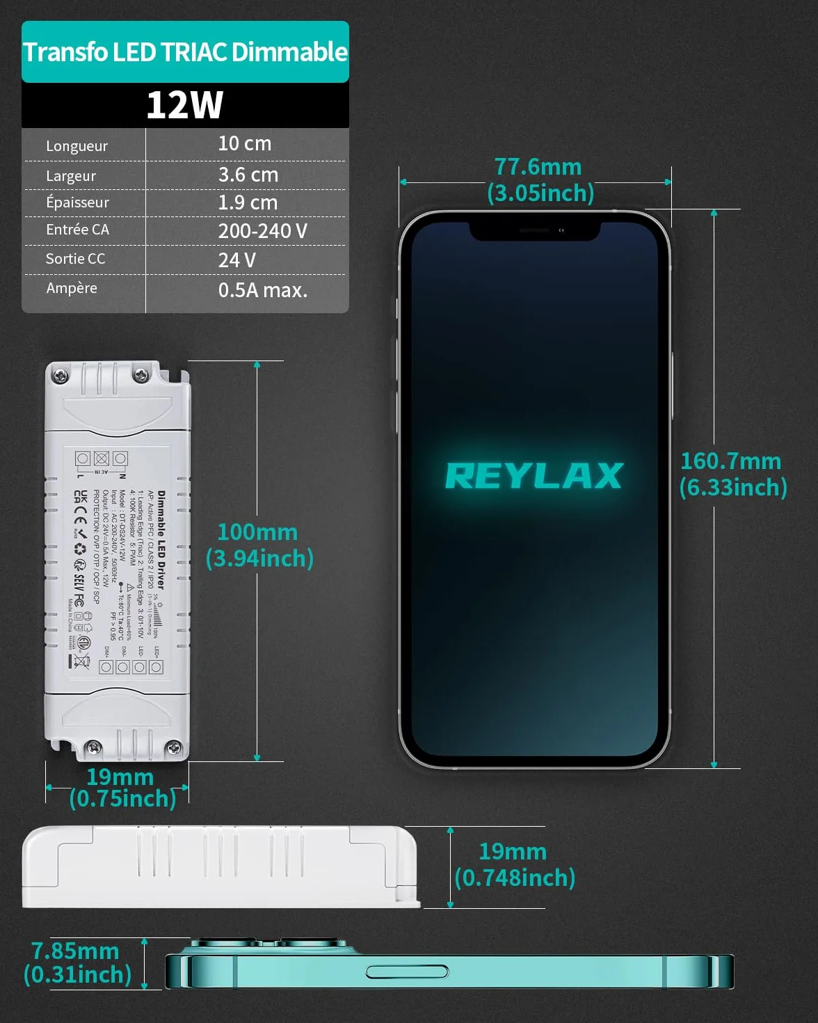 REYLAX Transformateur LED 220V 24V 20W 0.83A Dimmable Triac 0/1-10V AC DC