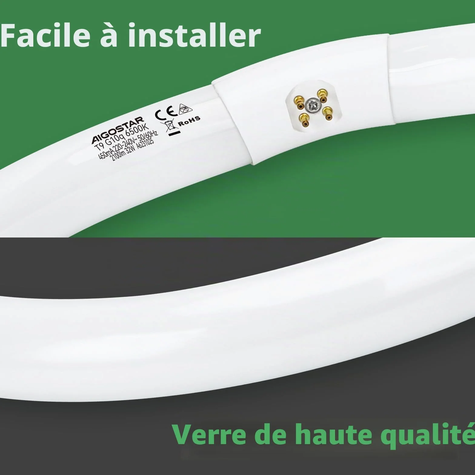 Aigostar Tube fluorescent circulaire T9 32W G10Q Blanc froid 6500K 2100 lumens CRI 80 30cm