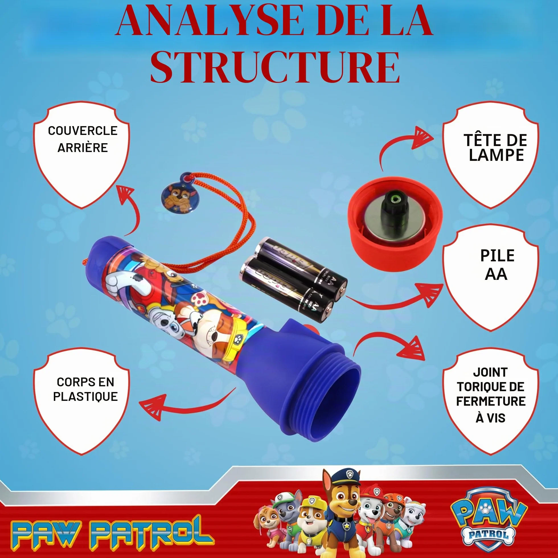 PAW PATROL Grande torche LED pour enfants, veilleuse lumineuse, lampe de poche en plastique jouet cadeau
