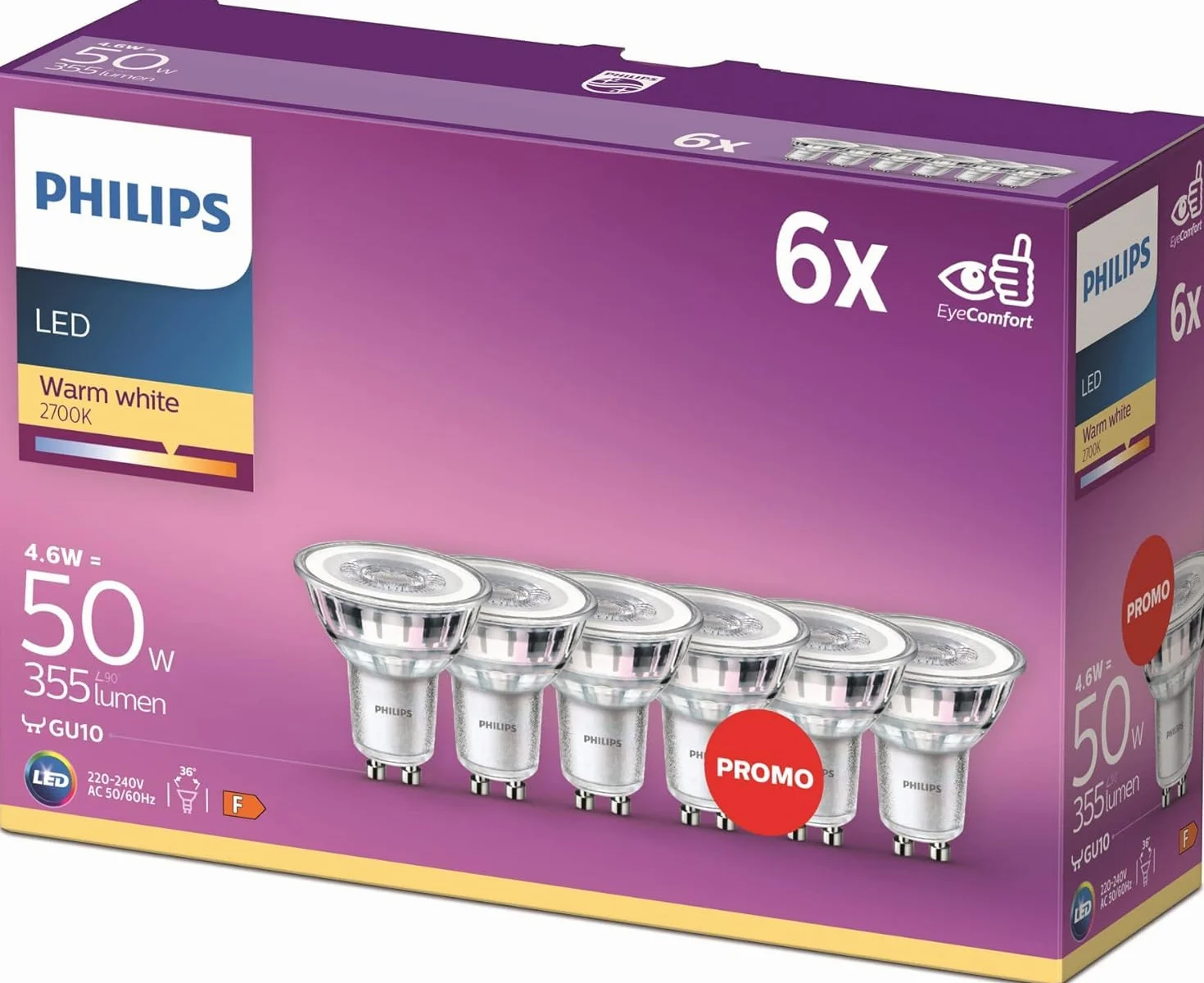 Philips LED Ampoule GU10 50W Équivalent Blanc Chaud 2700K 355 Lumens Lot de 6