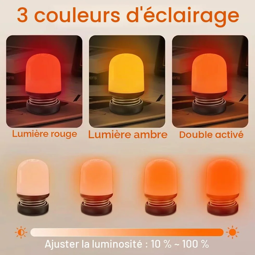 Lampe de nuit ambre rouge sommeil 1600K 625nm sans lumière bleue rechargeable USB-C