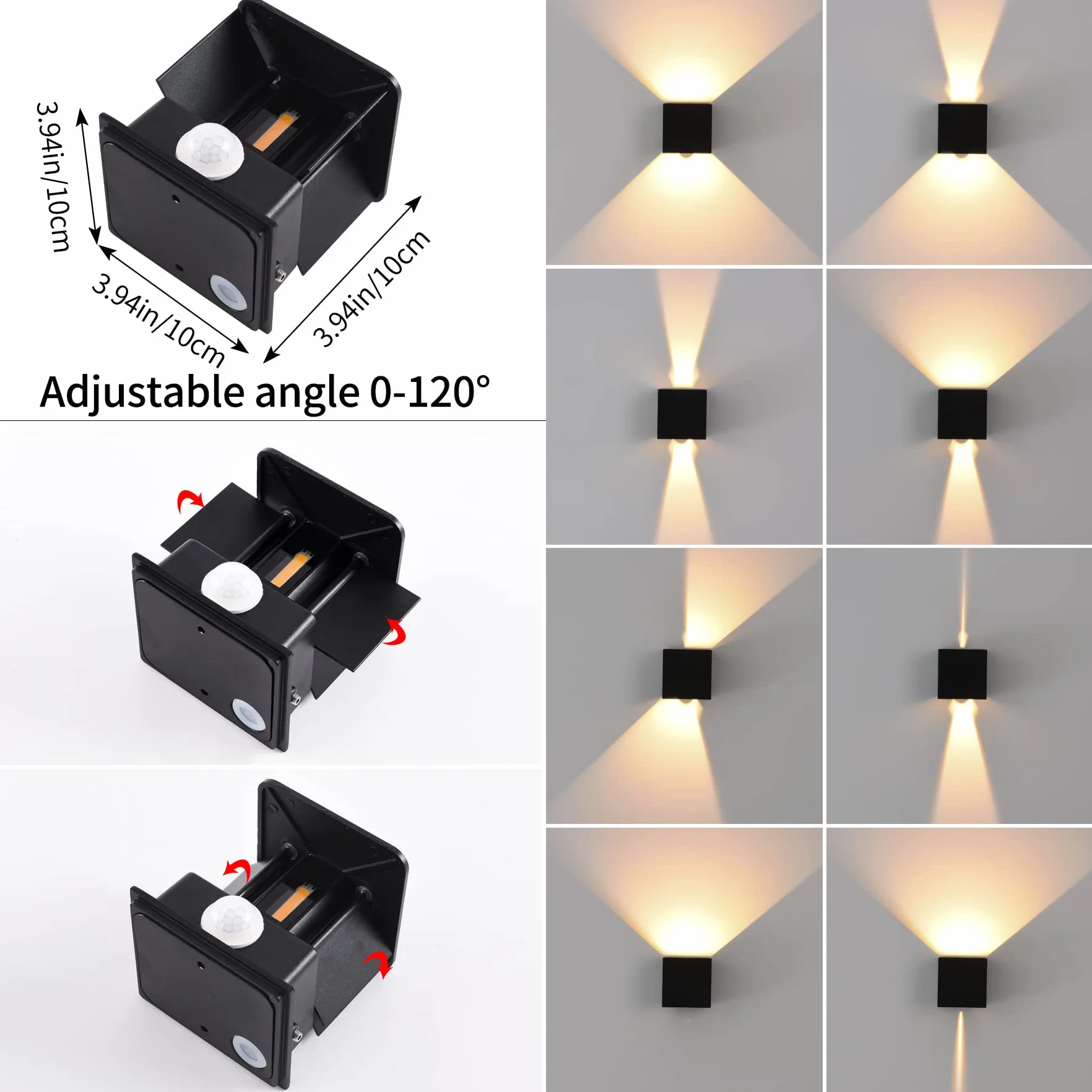Applique Murale LED 12W Intérieur Extérieur Détecteur Mouvement 3000K Blanc Chaud IP65 Noir