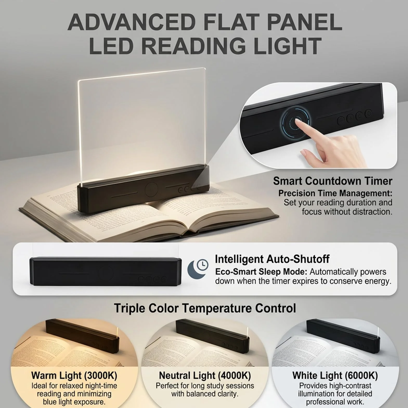 Lampe de Lecture LED Rechargeable USB avec Minuterie 0-99 Min, 3 Modes de Couleur, Intensité Réglable, Portable, Noir