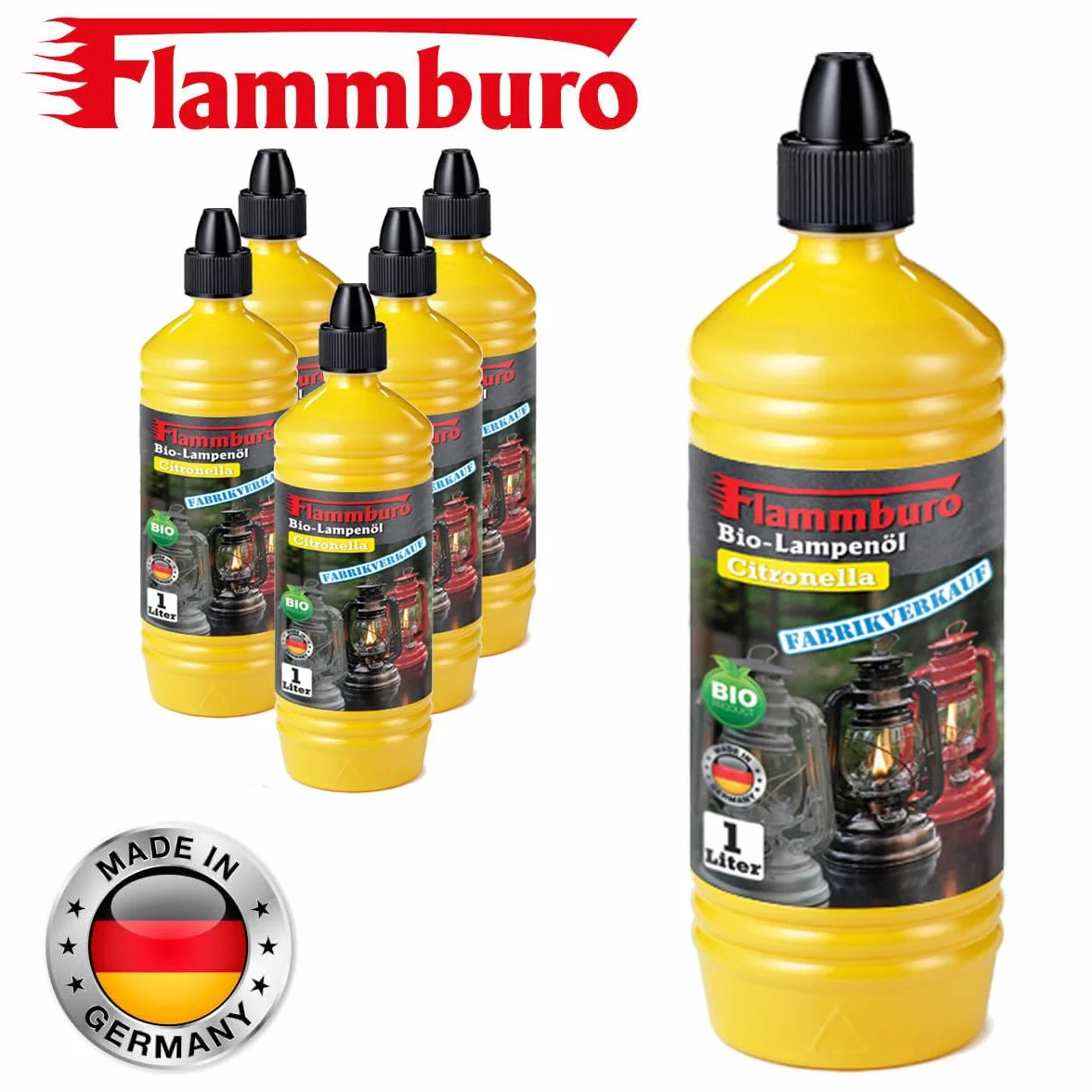 FLAMMBURO Lot de 6 bouteilles d'huile de lampe bio Citronella 6 x 1000 ml