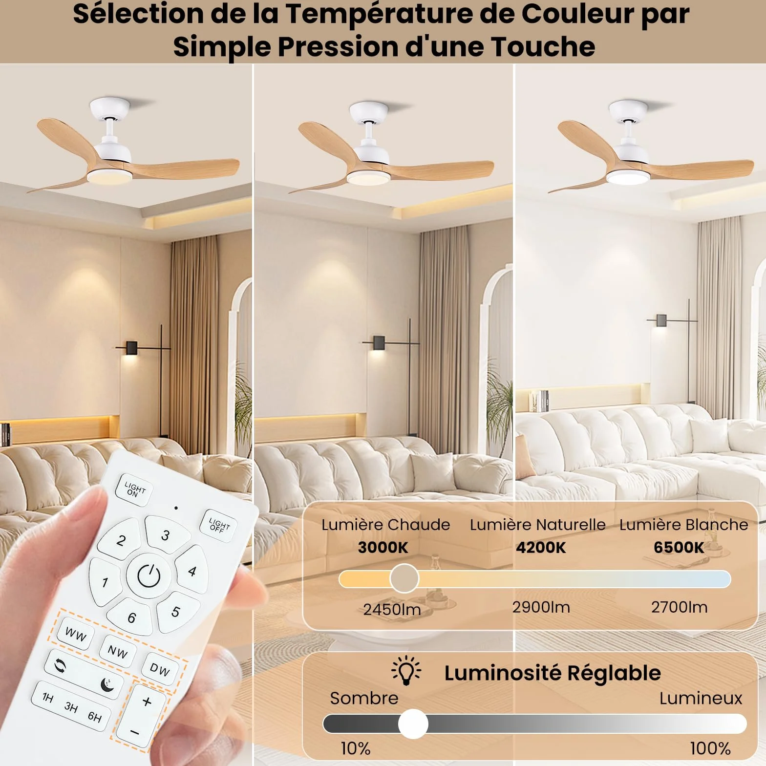 CJOY Ventilateur Plafond avec Lumiere 107cm Bois Telecommande 6 Vitesses Minuterie 3 CCT Dimmable Silencieux