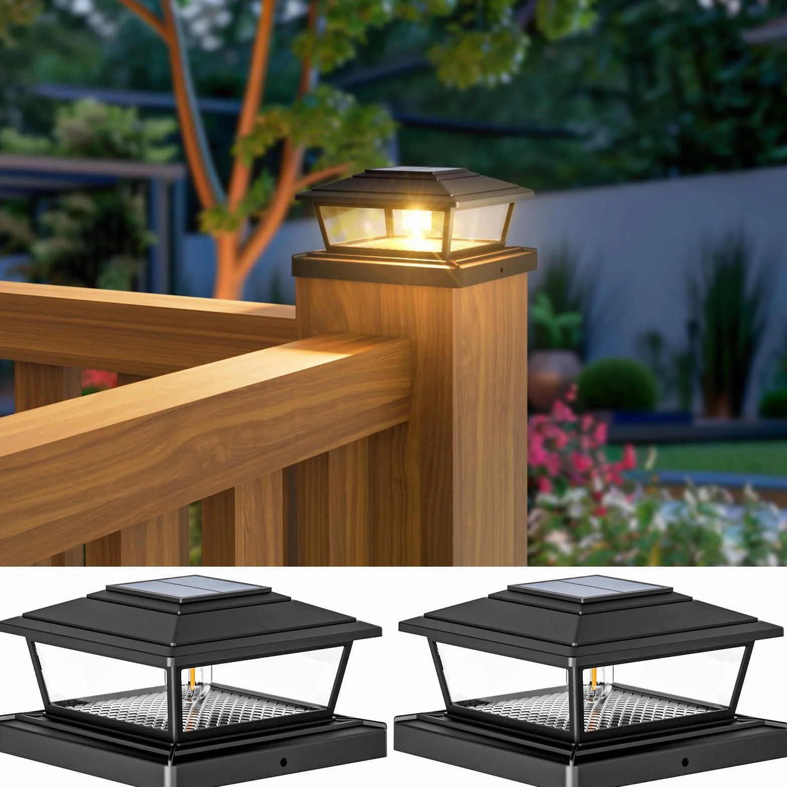 Lot de 2 Lampe Poteau Solaire IP65 LED, Capuchon Poteau Solaire Extérieur Étanche pour Jardin