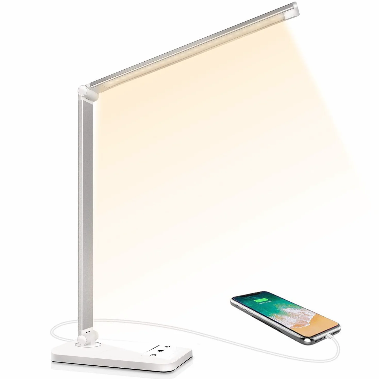 SLATOR Lampe de Bureau LED, Dimmable, 5 Modes de Couleur, 10 Niveaux de Luminosité, Contrôle Tactile, Protection des Yeux, Port USB, Minuterie