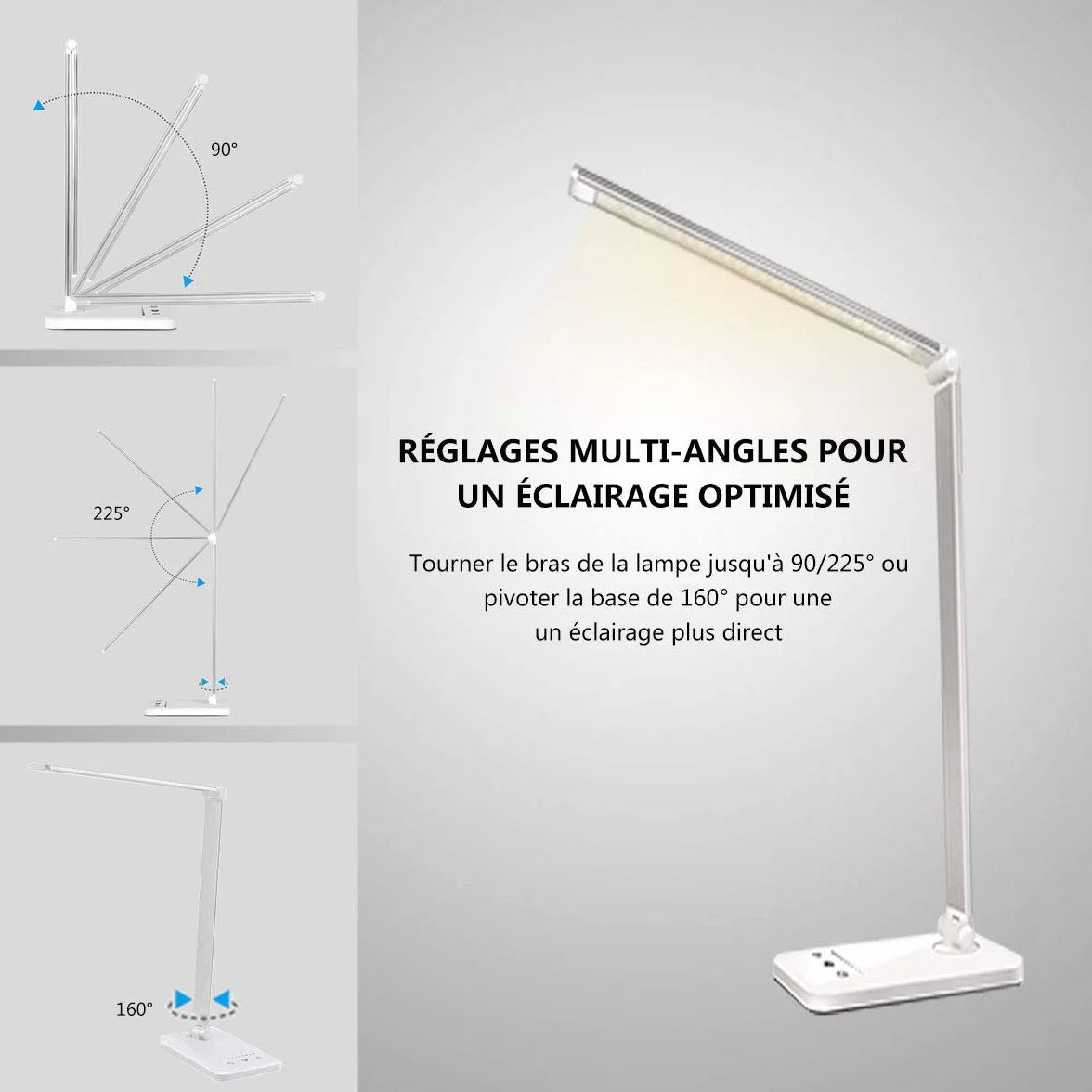 SLATOR Lampe de Bureau LED, Dimmable, 5 Modes de Couleur, 10 Niveaux de Luminosité, Contrôle Tactile, Protection des Yeux, Port USB, Minuterie