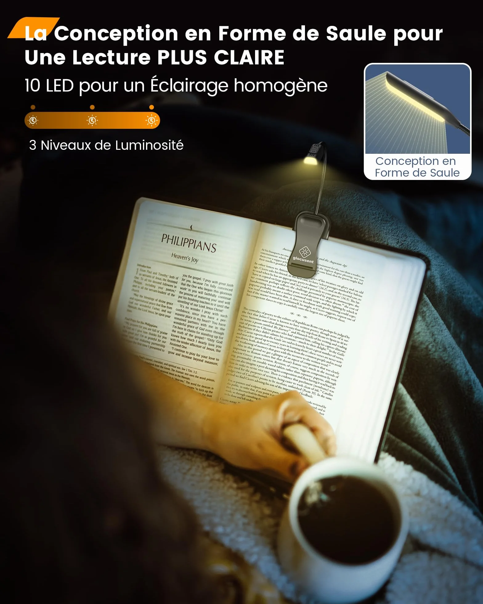 Glocusent Lampe Livre 10 LED, Lampe de Lecture Rechargeable, 3 Couleurs & 3 Intensités, Autonomie 80h