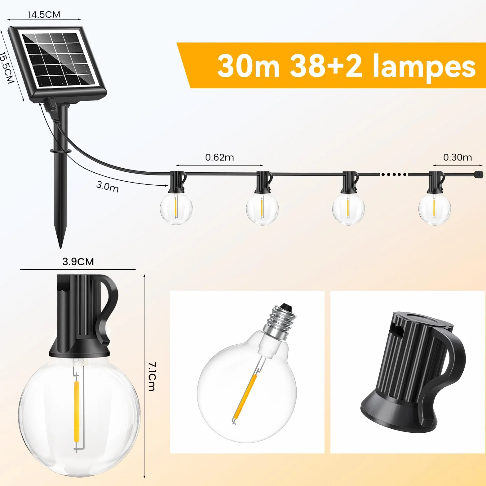 Guirlande Solaire Exterieur LED 30M Télécommande 38+2 Ampoules G40 Étanche Jardin Terrasse Balcon