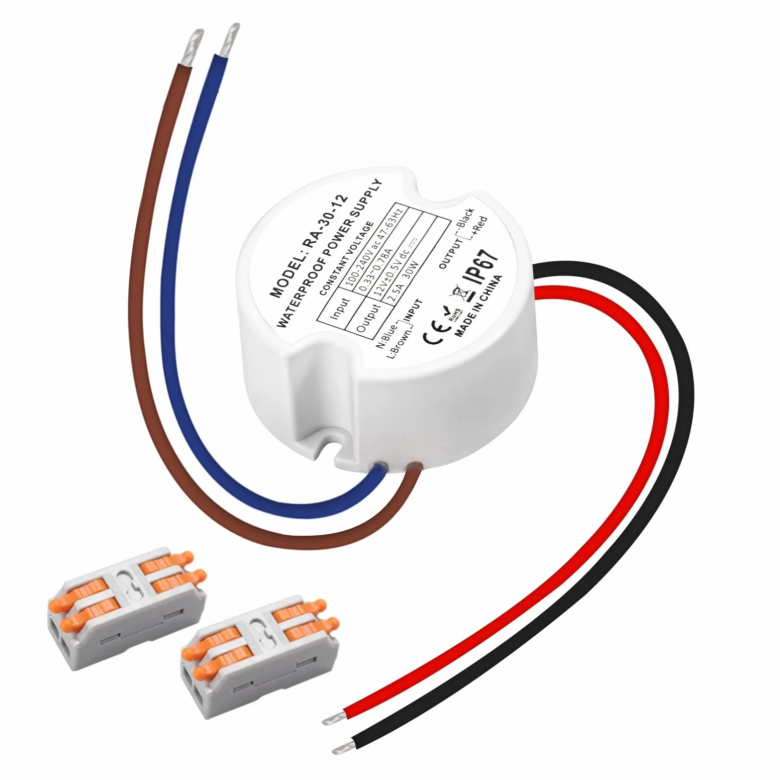 Transformateur LED 12V 30W 2.5A IP67 Étanche Alimentation Rond Ø48mm avec 2 Connecteurs